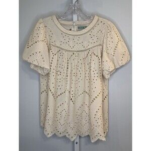 Rockin’ C Women’s M Cream Eyelet Lace Boho Peasant Top Puff Sleeve Scallop Hem